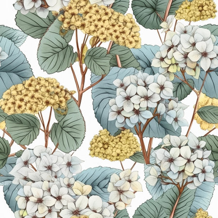 Whimsical seamless pattern with hydrangea flowers. Intricate floral texture design for gift wrap. Generative AIの素材