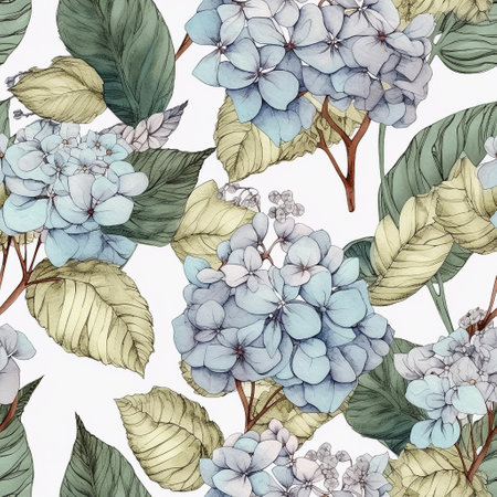 Whimsical seamless pattern with hydrangea flowers. Floral texture design for gift wrap in soft pastel colors, ornate detailed wallpaper. Generative AIの素材
