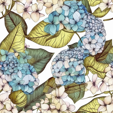 Intricate seamless pattern with hydrangea. Whimsical ornate detailed wallpaper, botanical art in boho style. Generative AIの素材