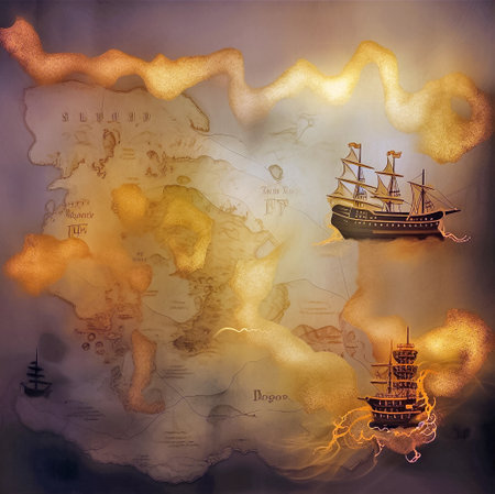 Pirate ship on the intricate background of the map of the world. Generative AIの素材
