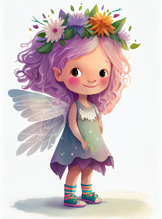 Cute little fairy girl with wings and flowers wreath in her hair. Cartoon llustration for children's book, isolated on white background. Generative AIの素材