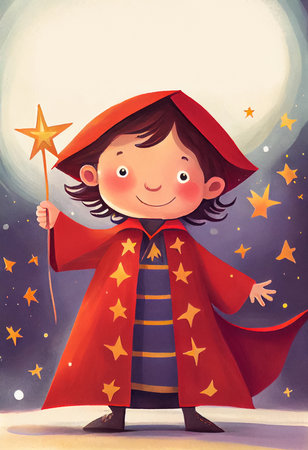 Cartoon little boy with magic wand in costume of wizard, children's book illustration. Generative aiの素材