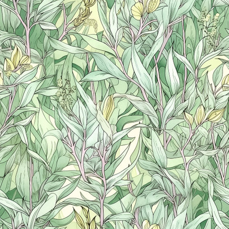 Intricate seamless pattern with green leaves and flowers. Floral background for textile fabric, botanical art. Generative AIの素材