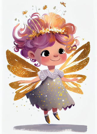 Cute little fairy with golden wings and crown with wings. Illustration for children's book, isolated on white background. Generative AIの素材