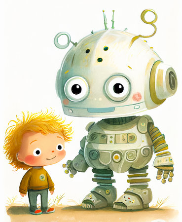 Cartoon scene with boy and alien robot on white background. Illustration for children's book. Generative AIの素材