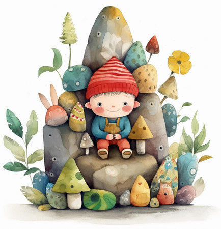 Cute little cartoon gnome boy sitting on a rock. Watercolor fairytale illustration on white background. Generative AIの素材