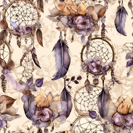 Whimsical seamless patterns with feathers and flowers in boho style. Intricate texture design for gift wrap. Generative AIの素材