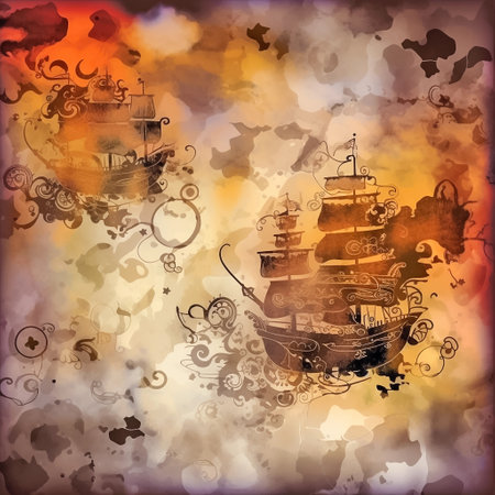 Illustration of a pirate ship on a grunge watercolor background. Generative AIの素材