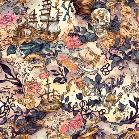 Whimsical seamless pattern in pirate style with skull and ships, ornate detailed wallpaper, texture design for gift wrap. Generative AIの素材