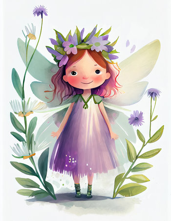 Cute little fairy with a wreath on her head. Watercolor paintin, smiling girl with flowers. Generative AIの素材