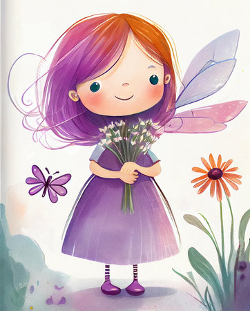 Little fairy with a bouquet of flowers on a white background. Cartoon watercolor illustration, generative AIの素材
