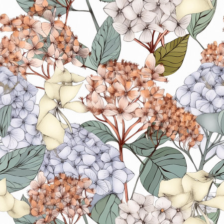 Whimsical seamless pattern with hydrangea flowers. Ornate detailed background, texture design for gift wrap in boho style. Generative AIの素材