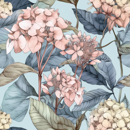 Intricate seamless pattern with hydrangea. Whimsical floral background for gift wrap in boho style, ornate detailed wallpaper. Generative AIの素材