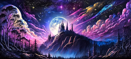 Fantasy landscape with mountain, stars and full moon in the night sky. Horizontal illustration in purple tones. Generative ai.の素材