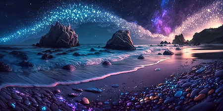 Fantasy night landscape with sea beach, rocks and starry glowing sky. Generative ai.の素材