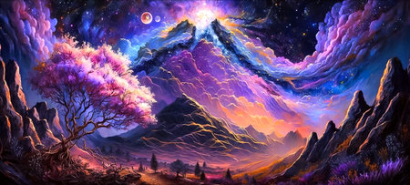 Whimsical intricate panorama with mountains, trees and moon. Digital fantasy painting. Night landscape. Generative ai.の素材