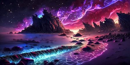 Fantasy night seascape. Northern lights, glowing seashor, horizontal background. Generative ai.の素材