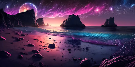Night seascape, glowing sky with moon, beautiful beach, rocks seashore, horizontal background. Generative ai.の素材