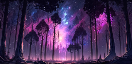 Mysterious fairytale scenery with dark forest and glowing stars in night sky. Horizontal fantasy background in purple tones.の素材
