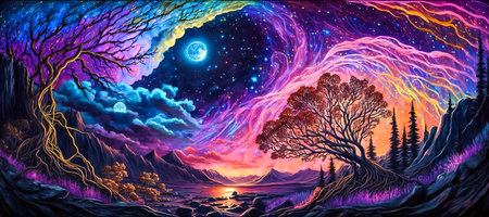 Fantasy landscape with mountains, forest and lake. Night sky with norhern lights. Fairytale magical scene. Generative ai.の素材