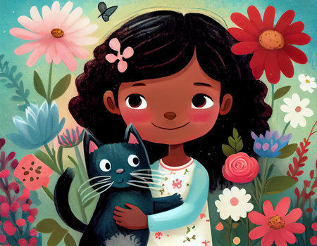 Cute little black girl hugging her kitten. Cartoon pastel illustration. Generative AI.の素材