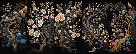 Beautiful ornate vertical textures with branches with flowers, berries and leaves. Vintage floral decorative set. Generative AI.の素材