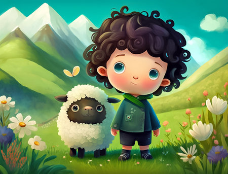 Cute little boy with sheep in the meadow on the mountins background. Close-up illustration for children's book. Generative AI.の素材