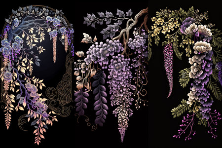 Wisteria flowers and wisteria branches. Decorative vertical intricate floral pattern on black background. Ornate blooming decor. Floral design elements. Generative AI.の素材