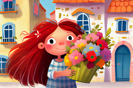 Cartoon city scene with happy girl with basket of flowers - illustration for children's book. Close-up pastel drawing. Generative AI.の素材
