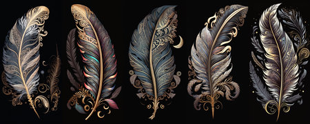 Set of feathers with ornate ornaments. Decorative intricate elements, isolated on black background. Generative AI.の素材