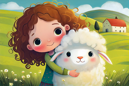 Portrait of cute cartoon girl with lamb on the meadow. Children's drawing, fairy tale illustration. Generative AI.の素材