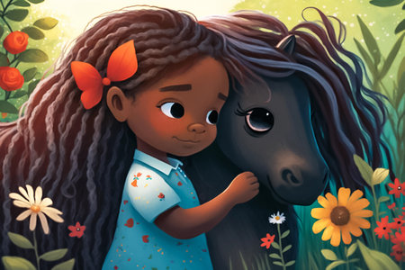 Cute little girl hugging a black foal in the meadow with flowers. Colorful children's illustration. Generative AI.の素材