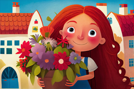 Cartoon scene with girl holding a pot of flowers on a city background, illustration for children's book. Generative AI.の素材
