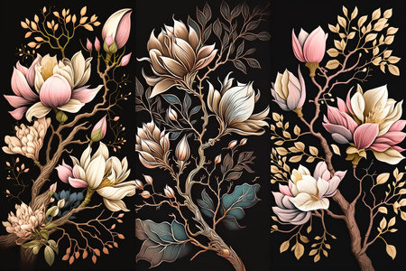 Ornate vertical intricate pattern with blooming magnolia branch. Set of flowers decor artwork on black background. Generative AI.の素材