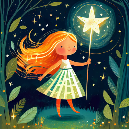 Cute cartoon fairy tale girl with magic wand in the night forest. Digital pastel illustration. Generative AI.の素材