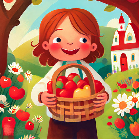 Children's book illustration of a little smiling girl with a basket full of fruits on the garden. Square close-up pastel drawing. Generative AI.の素材