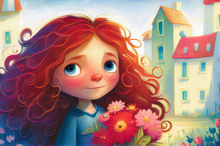 Cartoon scene with happy little girl with red hair and flowers on city background, illustration for children's tale book. Generative AI.の素材
