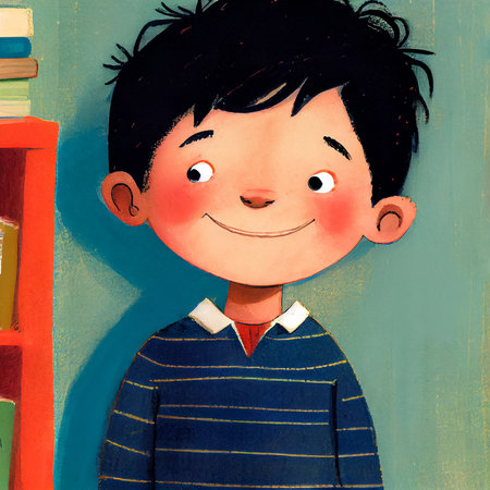 Portrait of cute boy smiling and standing near bookshelf, pastel painting illustration. Generative AI.の素材