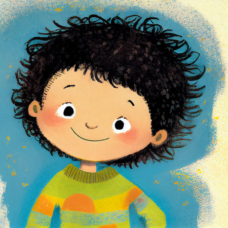 Colorful cartoon illustration of cute little boy with curly hair, child's drawing from tale book. Generative AI.の素材