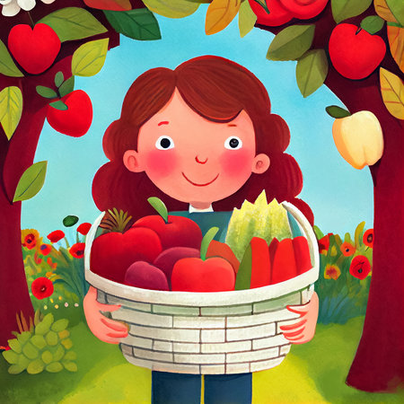Girl holding a basket of fresh fruits and vegetables in the garden. Colorful illustration with cartoon character for children's book. Generative AI.の素材