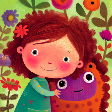 Colorful illustration of a cartoon little girl with her cute monster friend on a flowers background. Generative AI.の素材