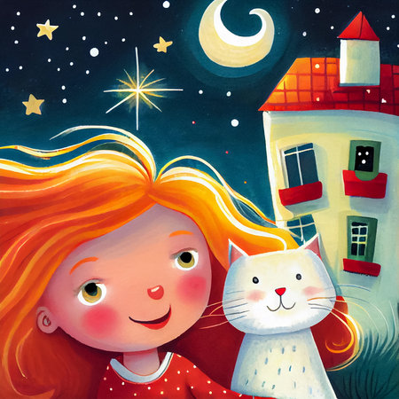 Cartoon drawing with smiling girl and her white cat under night sky in the city - close-up illustration for children's book. Generative AI.の素材