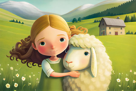 Cartoon scene with girl huging lamb on the meadow. Pastel illustration for children's book. Generative AI.の素材
