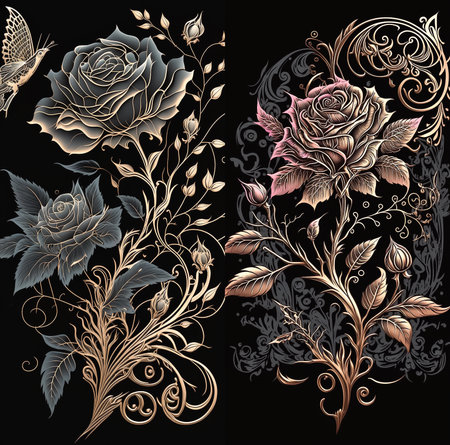 Set of beautiful ornate decorative intricate filigree pattern with blooming roses branch in golden and silver tones on vertical black background. Generative AI.の素材