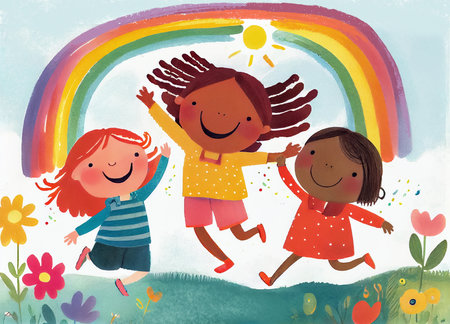 Happy children jumping with joy on the flowers meadow under the rainbow. Children's pastel Illustration. Generative AI.の素材