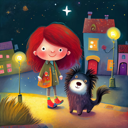 Cartoon scene with cute teen girl walking with dog in the city. Pastel illustration for children book. Generative AI.の素材