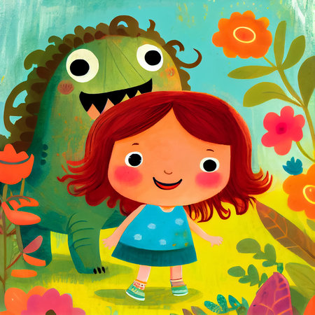 Cute little cartoon kid girl playing with monster friend on flowers field. Pastel illustration for children's book. Generative AI.の素材
