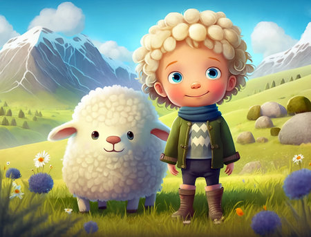 Smiling cartoon boy with sheep in the hill meadow. Pastel drawing, children's fairytale illustration. Generative AI.の素材