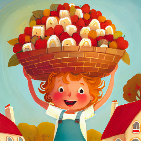 Pastel drawing with cartoon cute boy carrying with a large basket of apples, illustration for children. Generative AI.の素材