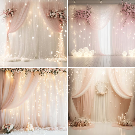 Set of wedding backdrops with curtains, candles and flowers, soft colors. Luxury interior decoration, beautiful background for photo. Generative AI.の素材